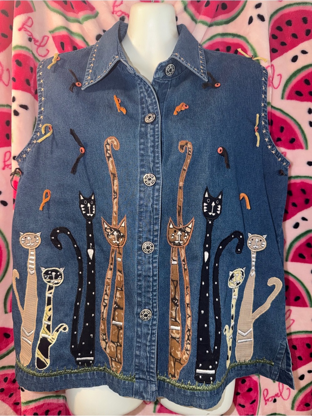 💙🤎 Denim Cat-Themed Sleeveless Vest